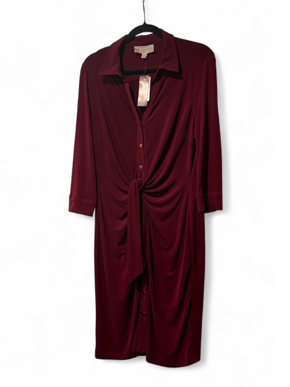 NWT Philosophy Republic Burgundy Tie Front Shirt Dress L Stretch Workwear Fall